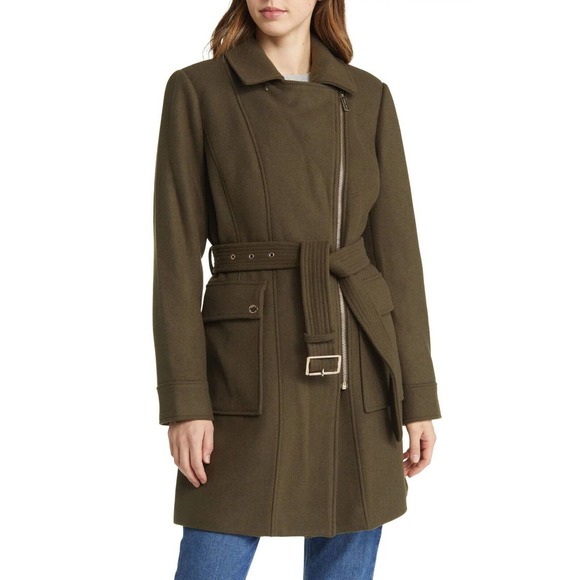Michael Kors Asymmetric Zip Wool Blend Belted Coat Olive XS/S/M/L/XL $375 Nwt - Picture 2 of 5